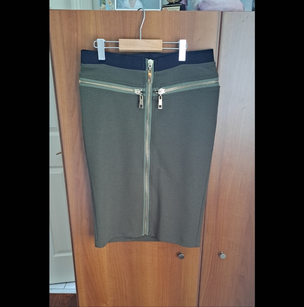 Dark Green Skirt With Gold Zipper Accents